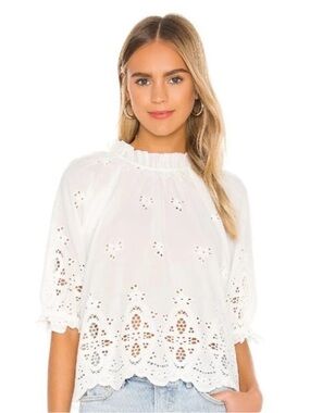 Cleobella Arden Blouse White Eyelet Smocked Neck Top L Cottage Peasant Cotton